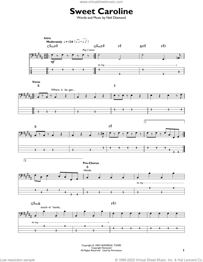 Sweet Caroline sheet music for bass solo by Neil Diamond, intermediate skill level