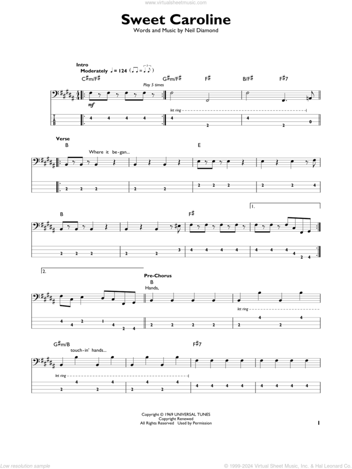 Sweet Caroline sheet music for bass solo by Neil Diamond, intermediate skill level