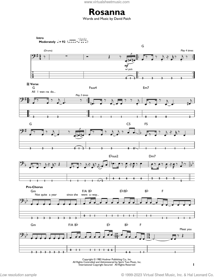 Rosanna sheet music for bass solo by Toto and David Paich, intermediate skill level
