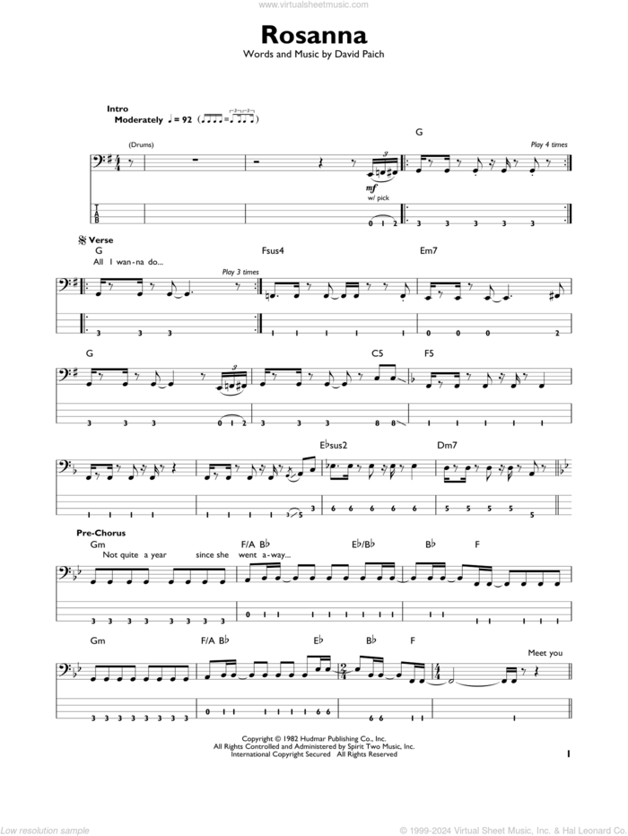 Rosanna sheet music for bass solo by Toto and David Paich, intermediate skill level