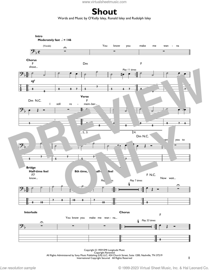 Shout sheet music for bass solo by The Isley Brothers, O Kelly Isley, Ronald Isley and Rudolph Isley, intermediate skill level
