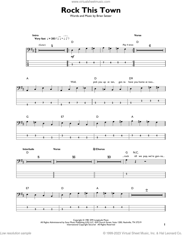 Rock This Town sheet music for bass solo by Stray Cats and Brian Setzer, intermediate skill level