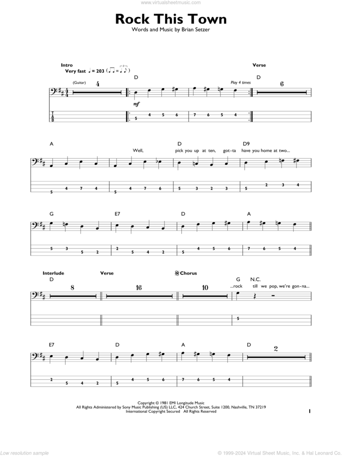 Rock This Town sheet music for bass solo by Stray Cats and Brian Setzer, intermediate skill level