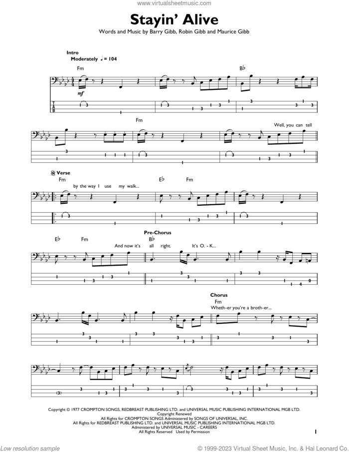 Stayin' Alive sheet music for bass solo by Barry Gibb, Bee Gees, Maurice Gibb and Robin Gibb, intermediate skill level