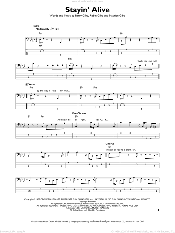 Stayin' Alive sheet music for bass solo by Barry Gibb, Bee Gees, Maurice Gibb and Robin Gibb, intermediate skill level