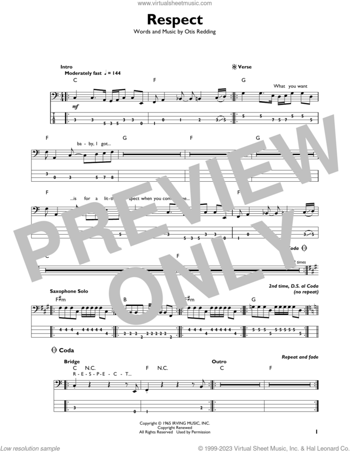 Respect sheet music for bass solo by Aretha Franklin and Otis Redding, intermediate skill level