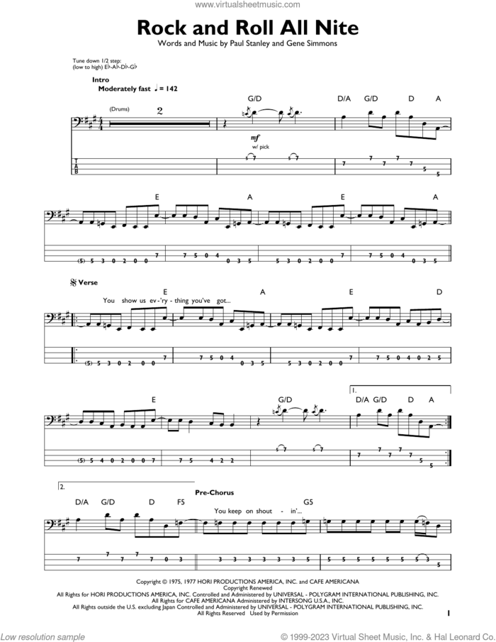 Rock And Roll All Nite sheet music for bass solo by KISS, Gene Simmons and Paul Stanley, intermediate skill level