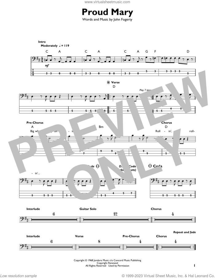 Proud Mary sheet music for bass solo by Creedence Clearwater Revival, Ike & Tina Turner and John Fogerty, intermediate skill level