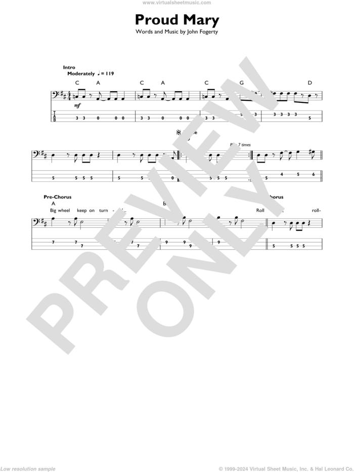 Proud Mary sheet music for bass solo by Creedence Clearwater Revival, Ike & Tina Turner and John Fogerty, intermediate skill level