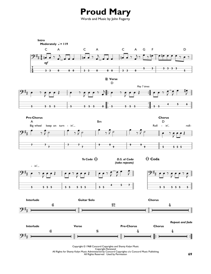 Proud Mary sheet music for bass solo by Creedence Clearwater Revival, Ike & Tina Turner and John Fogerty, intermediate skill level