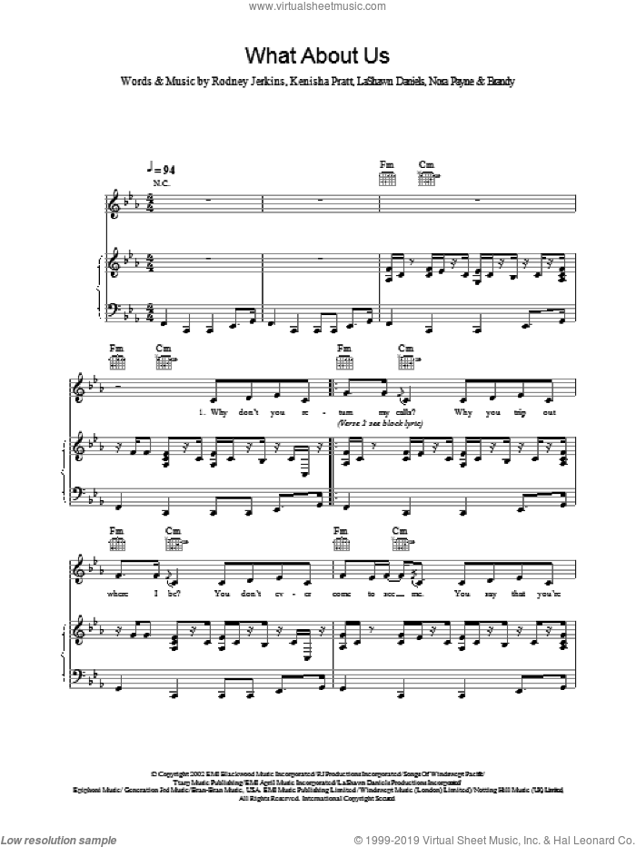 What About Us sheet music for voice, piano or guitar by Brandy, intermediate skill level