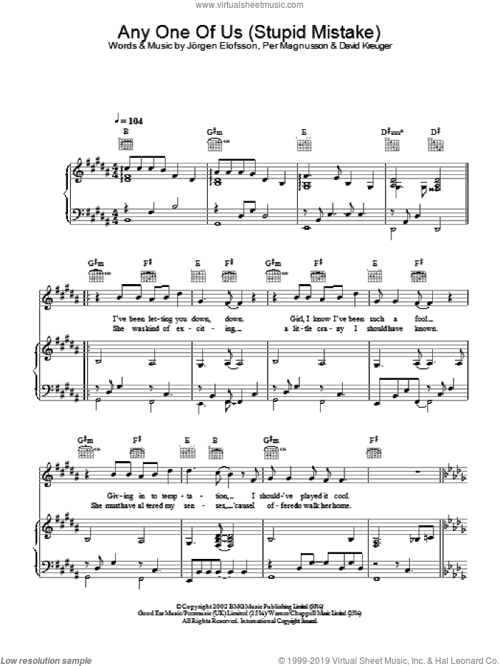 Anyone Of Us (Stupid Mistake) sheet music for voice, piano or guitar by Gareth Gates, intermediate skill level