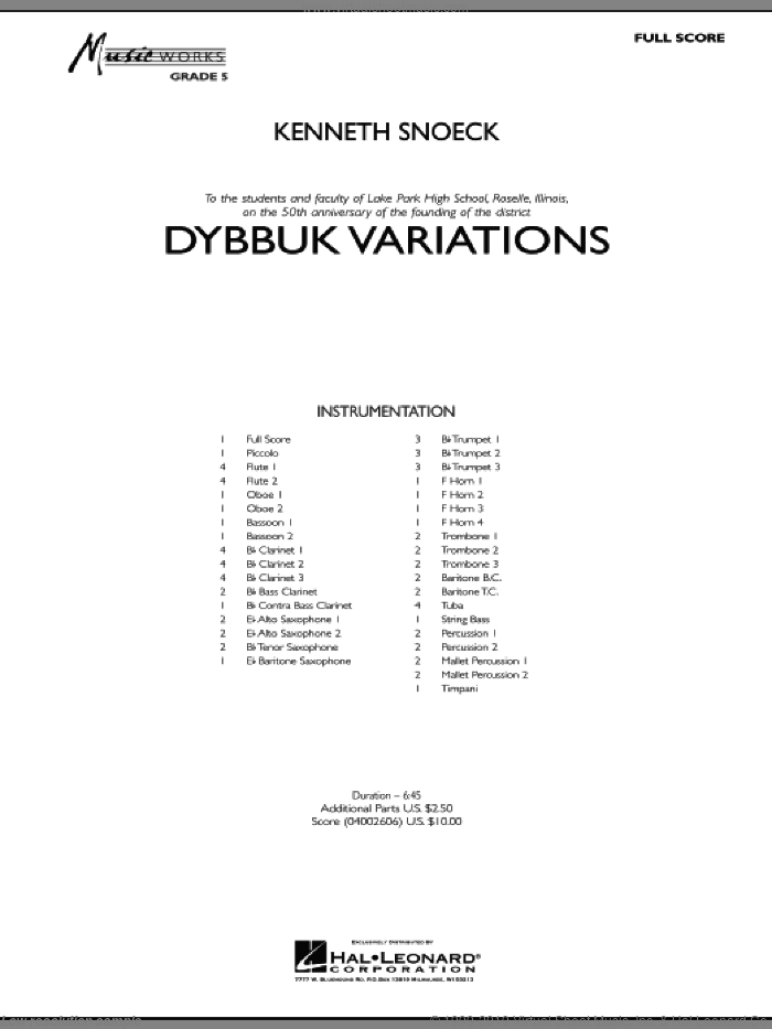 Dybbuk Variations (COMPLETE) sheet music for concert band by Kenneth Snoeck, intermediate skill level