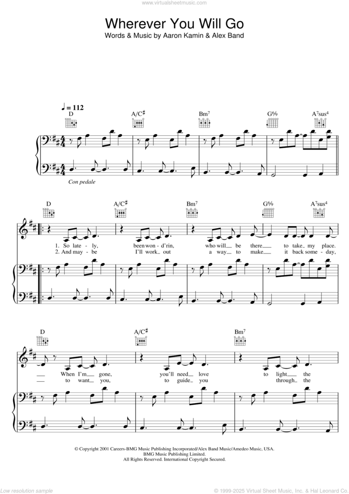 Wherever You Will Go sheet music for voice, piano or guitar by The Calling, Charlene Soraia, Aaron Kamin and Alex Band, intermediate skill level