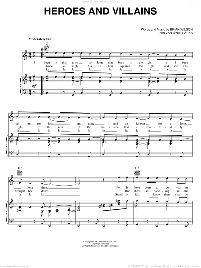 Heroes And Villains sheet music for voice, piano or guitar by The Beach Boys, Brian Wilson and Van Dyke Parks, intermediate skill level