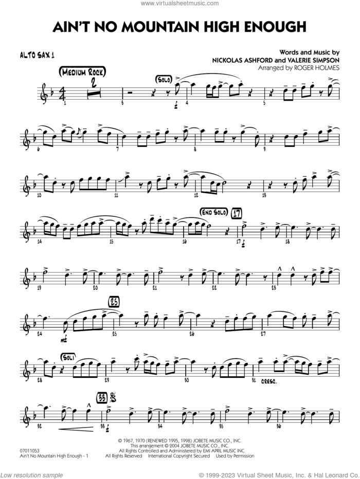 Ain't No Mountain High Enough (arr. Holmes) sheet music for jazz band (alto sax 1) by Marvin Gaye & Tammi Terrell, Roger Holmes, Diana Ross, Michael McDonald, Nickolas Ashford and Valerie Simpson, intermediate skill level