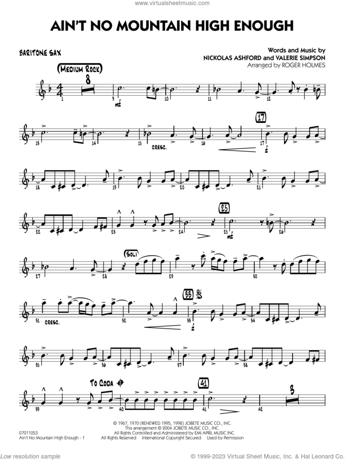 Ain't No Mountain High Enough (arr. Holmes) sheet music for jazz band (baritone sax) by Marvin Gaye & Tammi Terrell, Roger Holmes, Diana Ross, Michael McDonald, Nickolas Ashford and Valerie Simpson, intermediate skill level