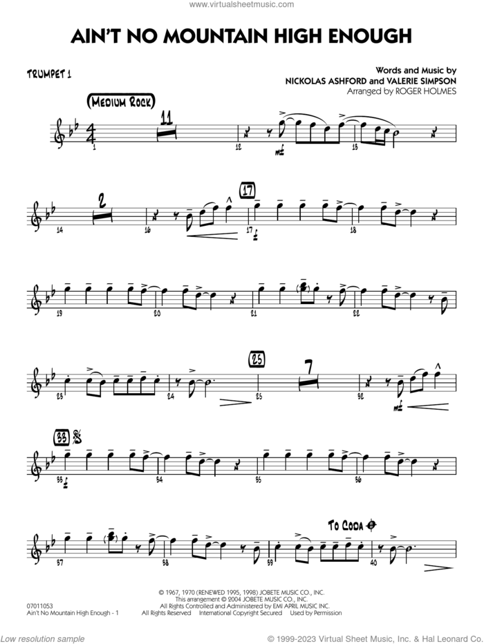 Ain't No Mountain High Enough (arr. Holmes) sheet music for jazz band (trumpet 1) by Marvin Gaye & Tammi Terrell, Roger Holmes, Diana Ross, Michael McDonald, Nickolas Ashford and Valerie Simpson, intermediate skill level