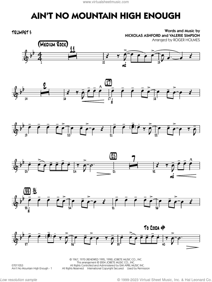 Ain't No Mountain High Enough (arr. Holmes) sheet music for jazz band (trumpet 3) by Marvin Gaye & Tammi Terrell, Roger Holmes, Diana Ross, Michael McDonald, Nickolas Ashford and Valerie Simpson, intermediate skill level