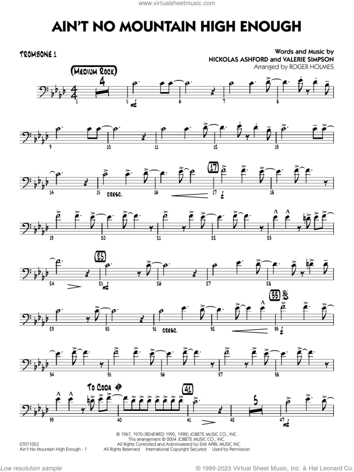 Ain't No Mountain High Enough (arr. Holmes) sheet music for jazz band (trombone 1) by Marvin Gaye & Tammi Terrell, Roger Holmes, Diana Ross, Michael McDonald, Nickolas Ashford and Valerie Simpson, intermediate skill level
