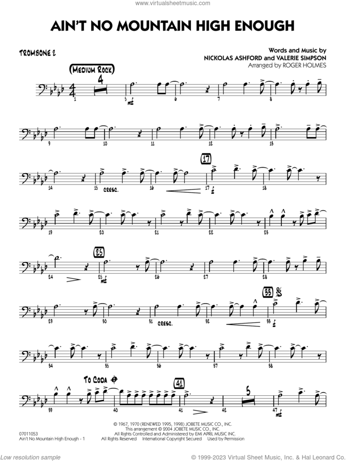 Ain't No Mountain High Enough (arr. Holmes) sheet music for jazz band (trombone 2) by Marvin Gaye & Tammi Terrell, Roger Holmes, Diana Ross, Michael McDonald, Nickolas Ashford and Valerie Simpson, intermediate skill level