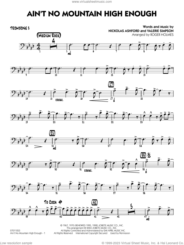 Ain't No Mountain High Enough (arr. Holmes) sheet music for jazz band (trombone 3) by Marvin Gaye & Tammi Terrell, Roger Holmes, Diana Ross, Michael McDonald, Nickolas Ashford and Valerie Simpson, intermediate skill level
