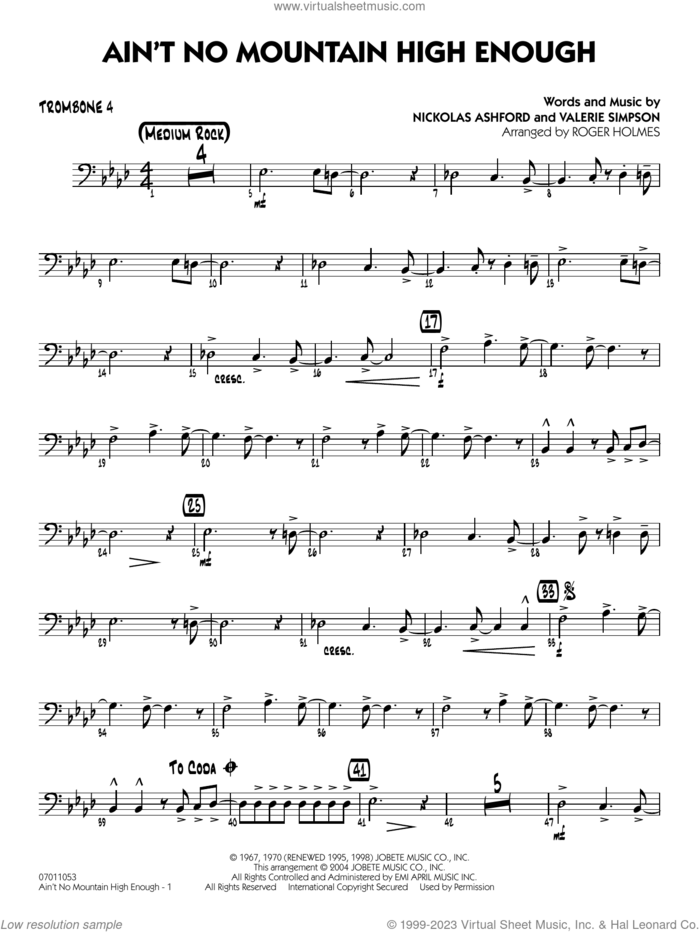 Ain't No Mountain High Enough (arr. Holmes) sheet music for jazz band (trombone 4) by Marvin Gaye & Tammi Terrell, Roger Holmes, Diana Ross, Michael McDonald, Nickolas Ashford and Valerie Simpson, intermediate skill level