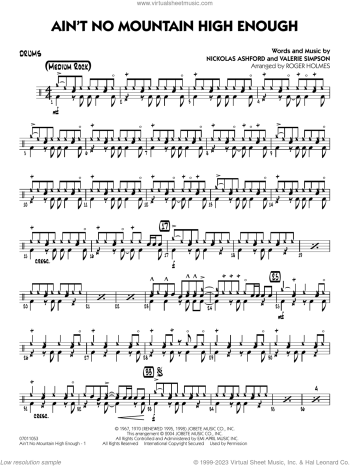 Ain't No Mountain High Enough (arr. Holmes) sheet music for jazz band (drums) by Marvin Gaye & Tammi Terrell, Roger Holmes, Diana Ross, Michael McDonald, Nickolas Ashford and Valerie Simpson, intermediate skill level