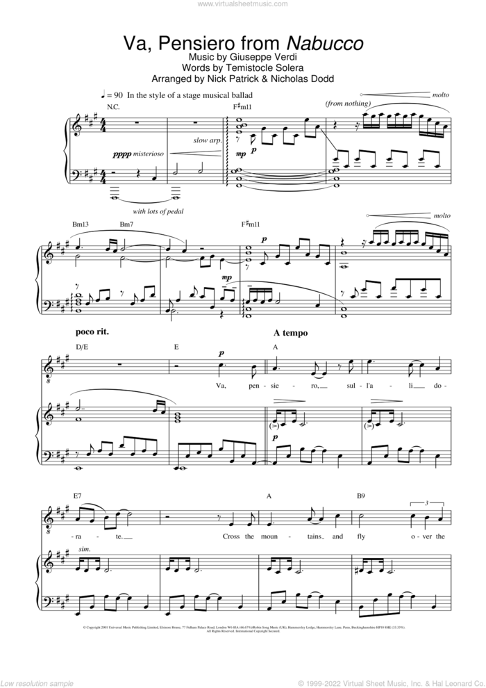 Va, Pensiero (Chorus Of The Hebrew Slaves) (from Nabucco) sheet music for voice, piano or guitar by Russell Watson and Giuseppe Verdi, classical score, intermediate skill level