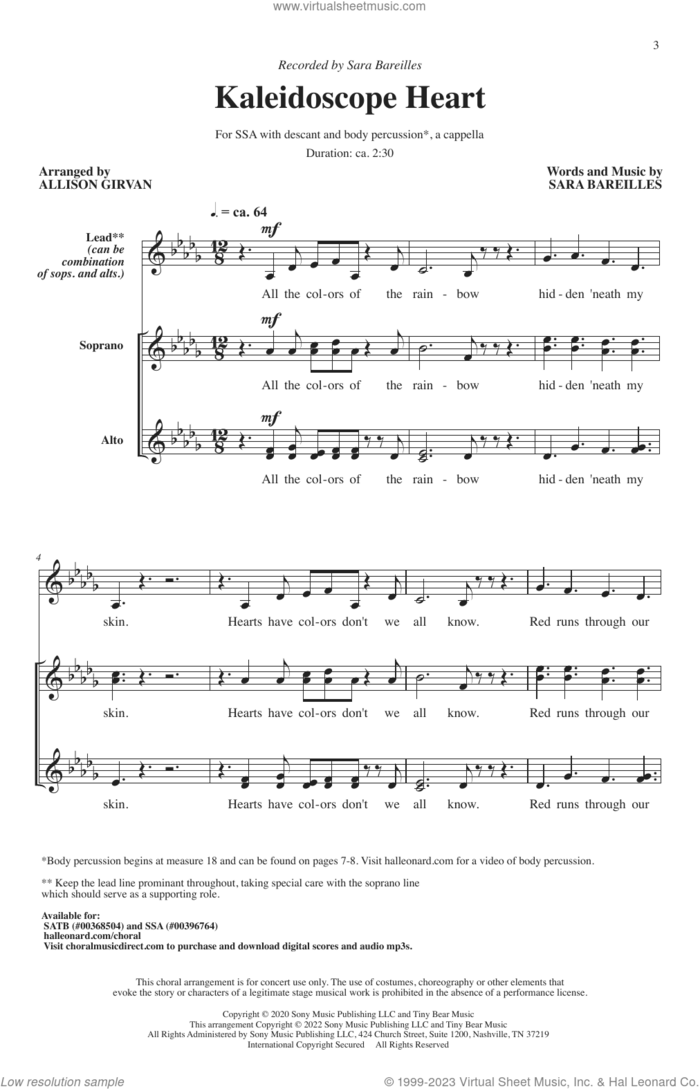 Kaleidoscope Heart (arr. Allison Girvan) sheet music for choir (SSA: soprano, alto) by Sara Bareilles and Allison Girvan, intermediate skill level