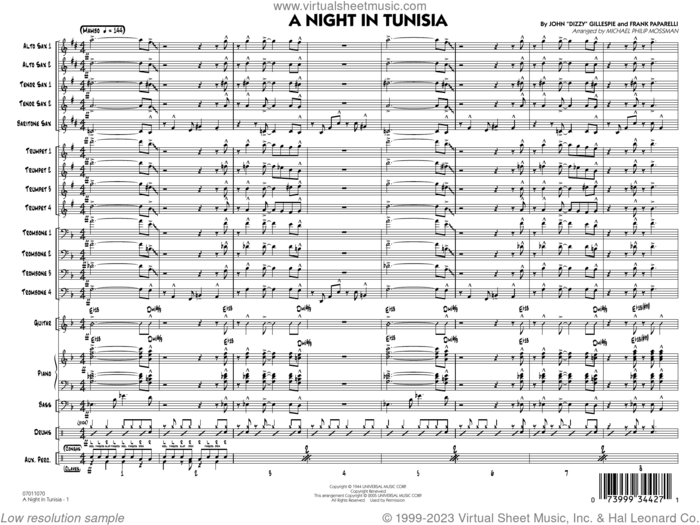 A Night in Tunisia (arr. Mossman) sheet music for jazz band (full score) by Dizzy Gillespie, Michael Philip Mossman and Frank Paparelli, intermediate skill level