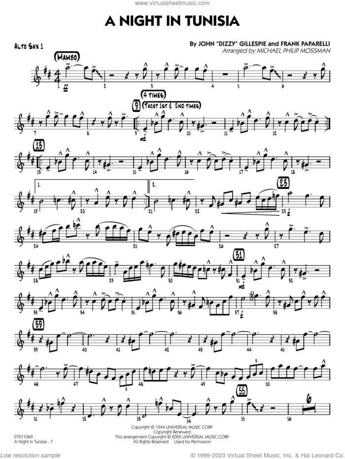 A Night in Tunisia (arr. Mossman) sheet music for jazz band (alto sax 1) by Dizzy Gillespie, Michael Philip Mossman and Frank Paparelli, intermediate skill level