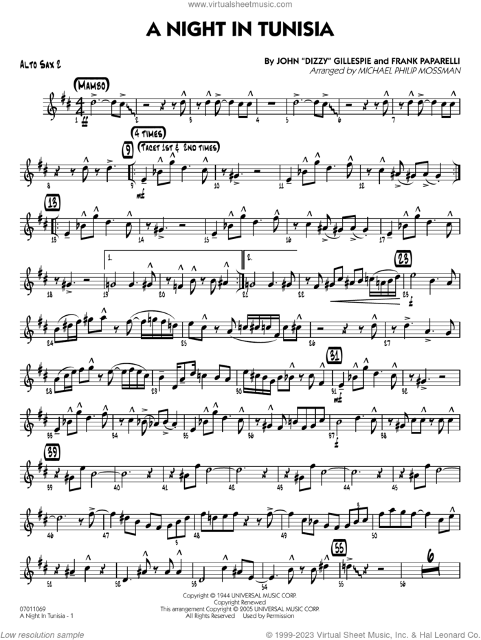 A Night in Tunisia (arr. Mossman) sheet music for jazz band (alto sax 2) by Dizzy Gillespie, Michael Philip Mossman and Frank Paparelli, intermediate skill level