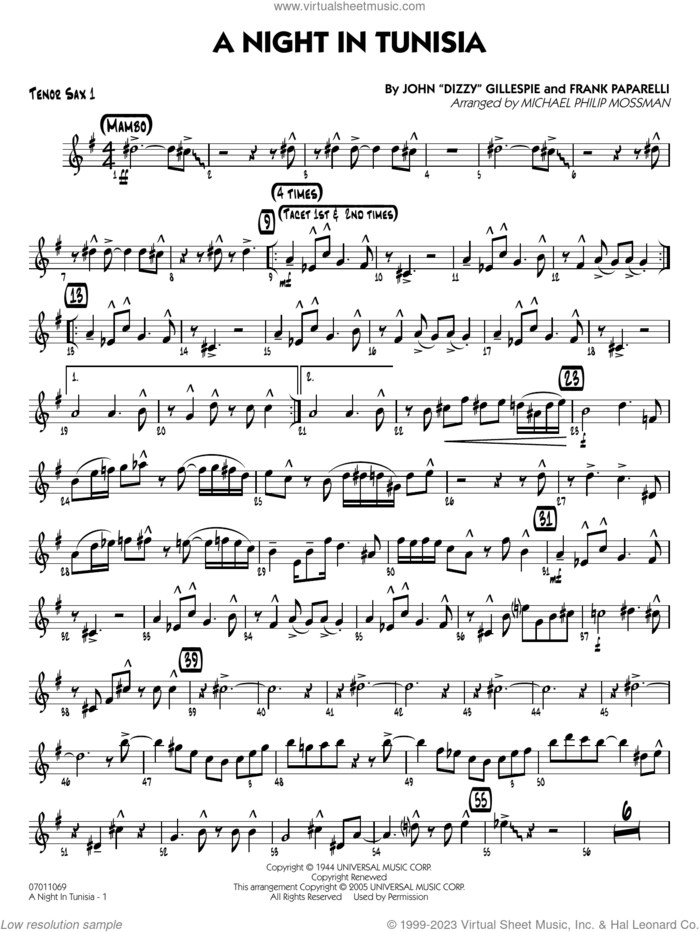 A Night in Tunisia (arr. Mossman) sheet music for jazz band (tenor sax 1) by Dizzy Gillespie, Michael Philip Mossman and Frank Paparelli, intermediate skill level