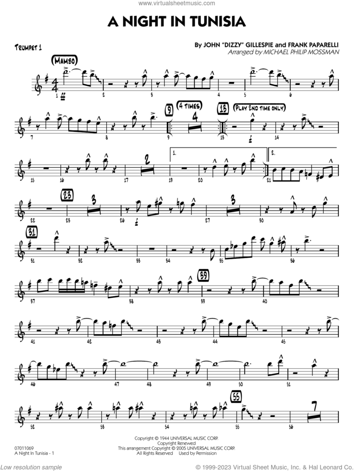 A Night in Tunisia (arr. Mossman) sheet music for jazz band (trumpet 1) by Dizzy Gillespie, Michael Philip Mossman and Frank Paparelli, intermediate skill level