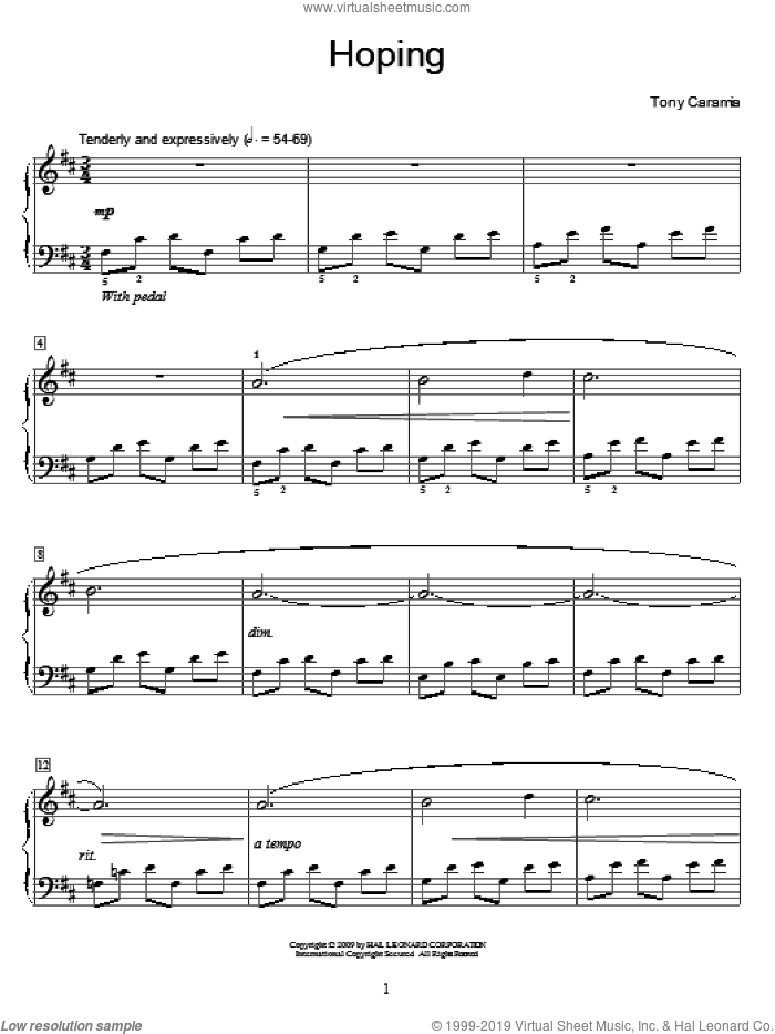 Hoping sheet music for piano solo (elementary) by Tony Caramia and Miscellaneous, beginner piano (elementary)