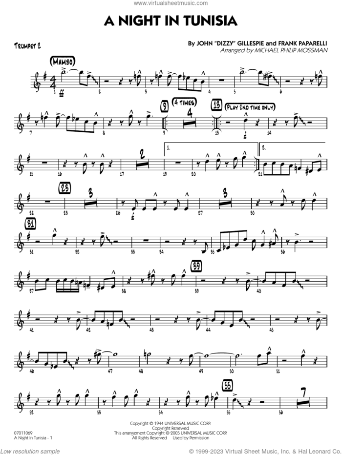 A Night in Tunisia (arr. Mossman) sheet music for jazz band (trumpet 2) by Dizzy Gillespie, Michael Philip Mossman and Frank Paparelli, intermediate skill level