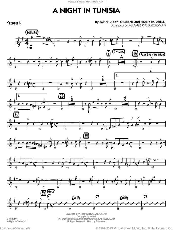 A Night in Tunisia (arr. Mossman) sheet music for jazz band (trumpet 3) by Dizzy Gillespie, Michael Philip Mossman and Frank Paparelli, intermediate skill level