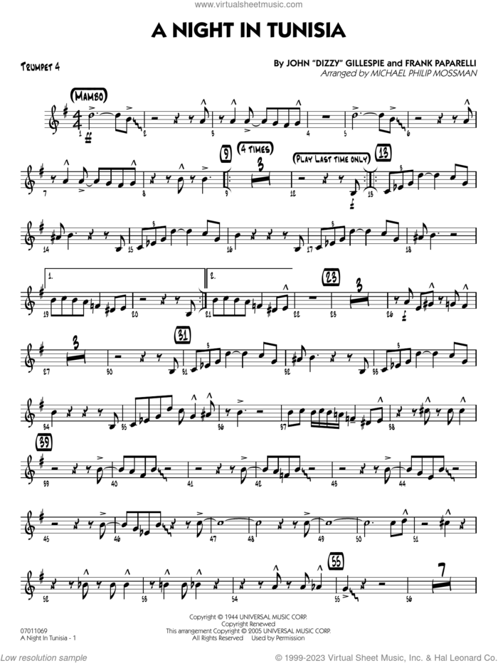 A Night in Tunisia (arr. Mossman) sheet music for jazz band (trumpet 4) by Dizzy Gillespie, Michael Philip Mossman and Frank Paparelli, intermediate skill level