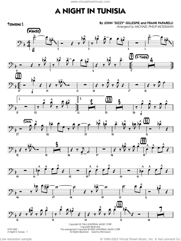 A Night in Tunisia (arr. Mossman) sheet music for jazz band (trombone 2) by Dizzy Gillespie, Michael Philip Mossman and Frank Paparelli, intermediate skill level