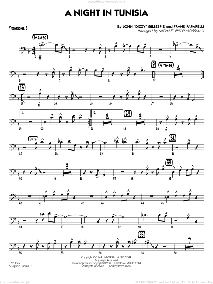 A Night in Tunisia (arr. Mossman) sheet music for jazz band (trombone 3) by Dizzy Gillespie, Michael Philip Mossman and Frank Paparelli, intermediate skill level