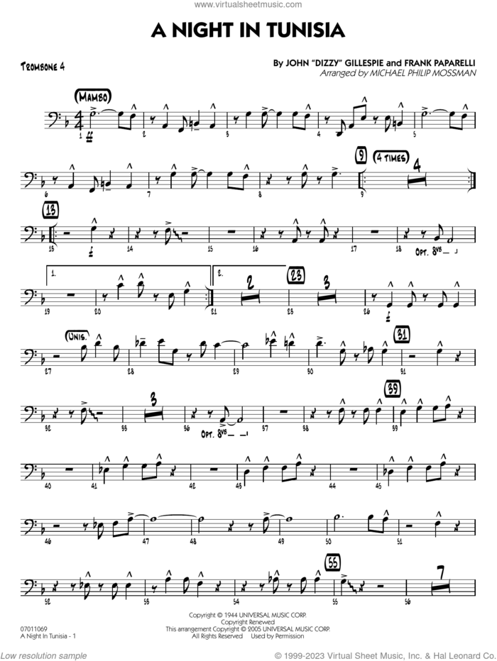 A Night in Tunisia (arr. Mossman) sheet music for jazz band (trombone 4) by Dizzy Gillespie, Michael Philip Mossman and Frank Paparelli, intermediate skill level