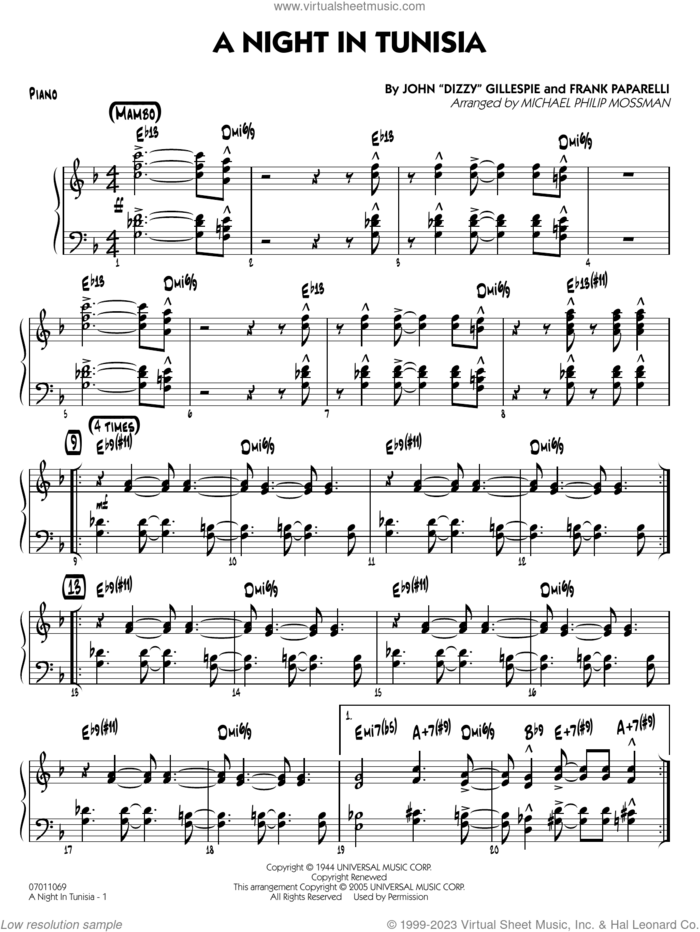 A Night in Tunisia (arr. Mossman) sheet music for jazz band (piano) by Dizzy Gillespie, Michael Philip Mossman and Frank Paparelli, intermediate skill level