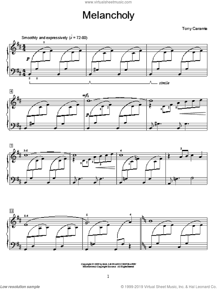 Melancholy sheet music for piano solo (elementary) by Tony Caramia and Miscellaneous, beginner piano (elementary)