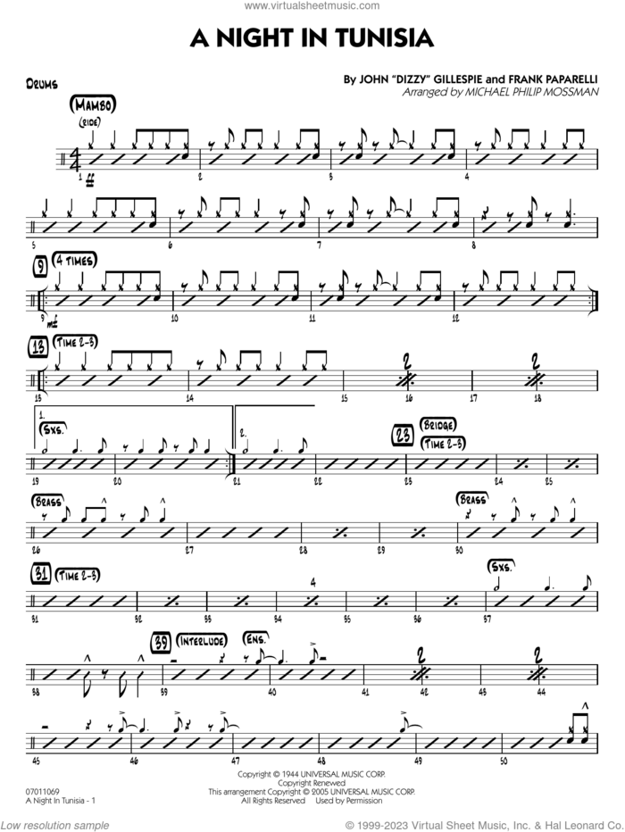 A Night in Tunisia (arr. Mossman) sheet music for jazz band (drums) by Dizzy Gillespie, Michael Philip Mossman and Frank Paparelli, intermediate skill level