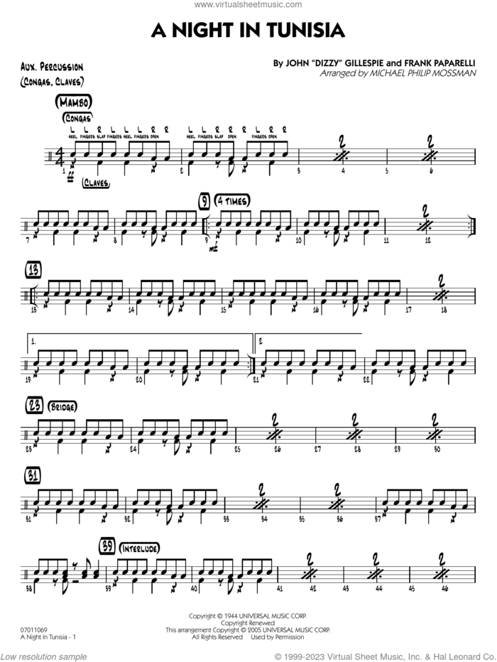 A Night in Tunisia (arr. Mossman) sheet music for jazz band (aux percussion) by Dizzy Gillespie, Michael Philip Mossman and Frank Paparelli, intermediate skill level