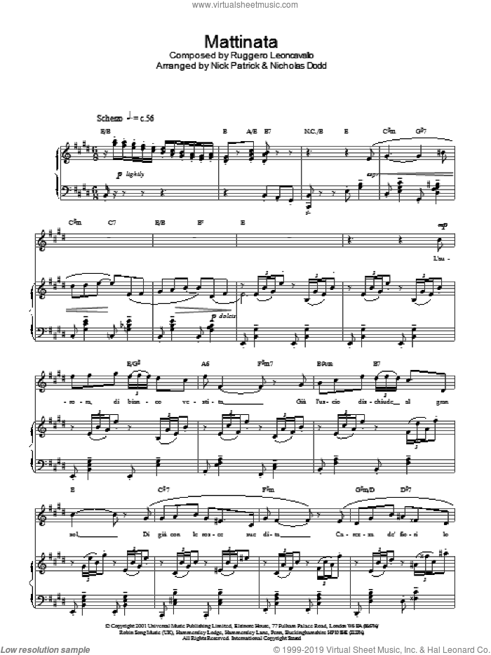 Mattinata sheet music for voice, piano or guitar by Russell Watson, classical score, intermediate skill level