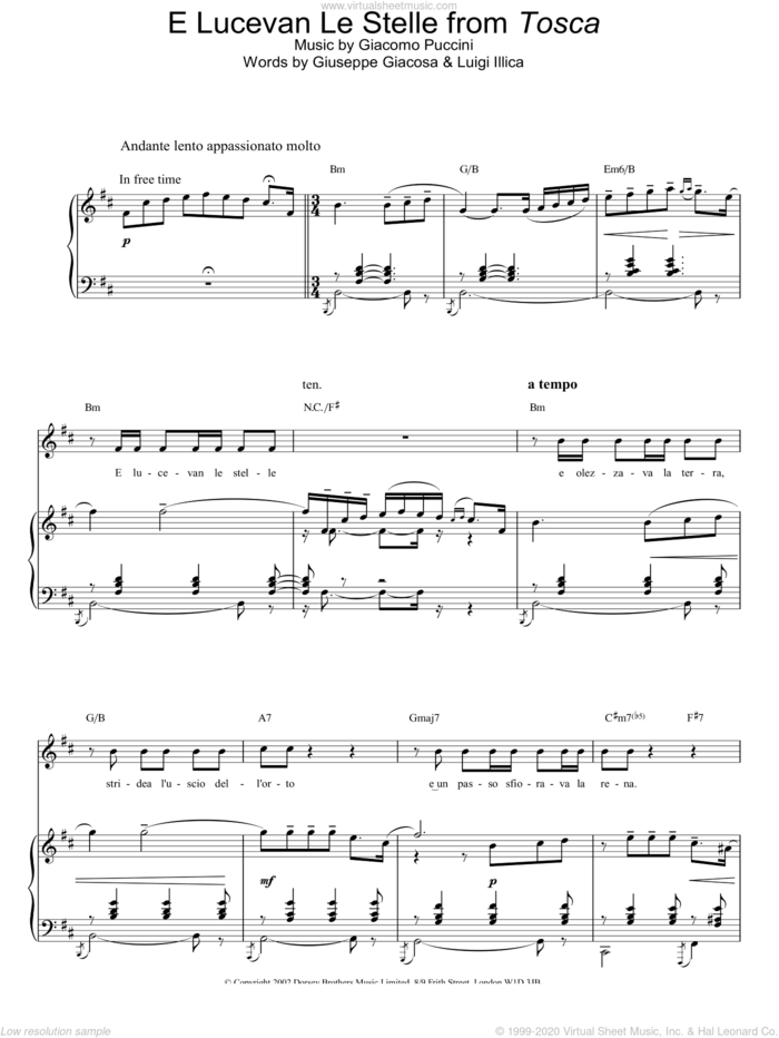 E Lucevan Le Stelle from Tosca sheet music for voice, piano or guitar by Russell Watson, classical score, intermediate skill level