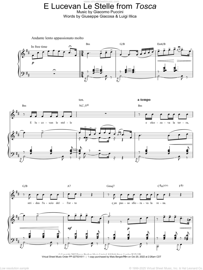 E Lucevan Le Stelle from Tosca sheet music for voice, piano or guitar by Russell Watson, classical score, intermediate skill level