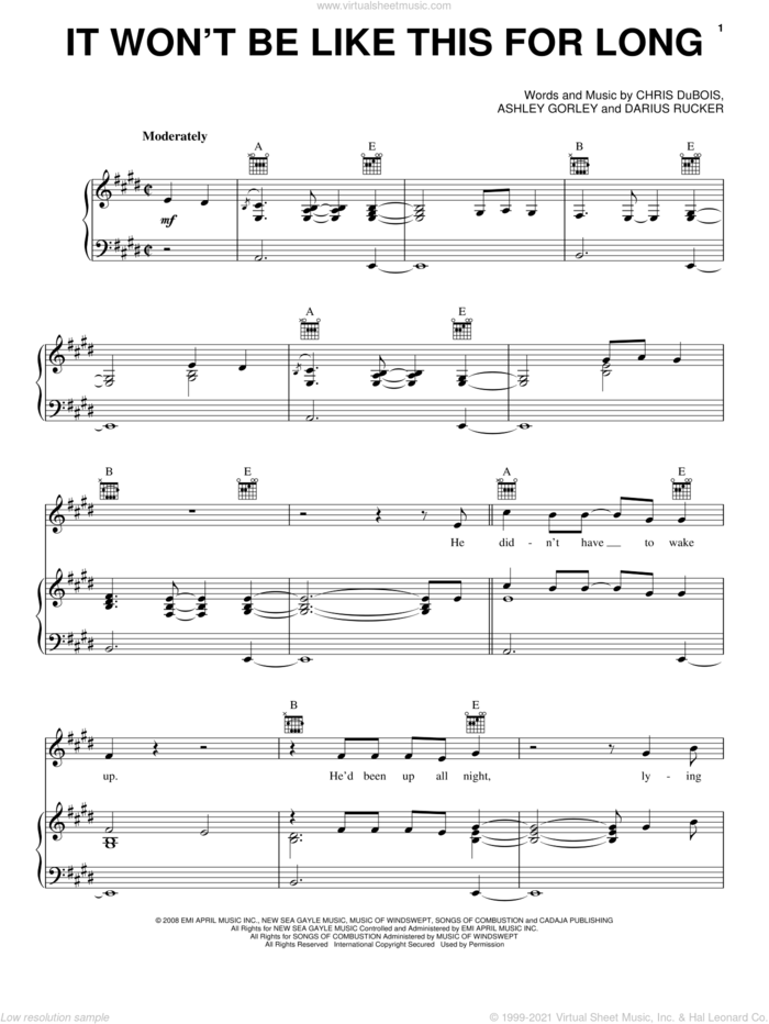 It Won't Be Like This For Long sheet music for voice, piano or guitar by Darius Rucker, Ashley Gorley and Chris DuBois, intermediate skill level